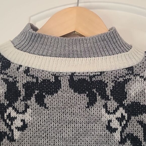 Diane VonFurstenberg Sweater Ski Double Mock Neck Knit Floral Gray Black Sz. S/M - Picture 7 of 10